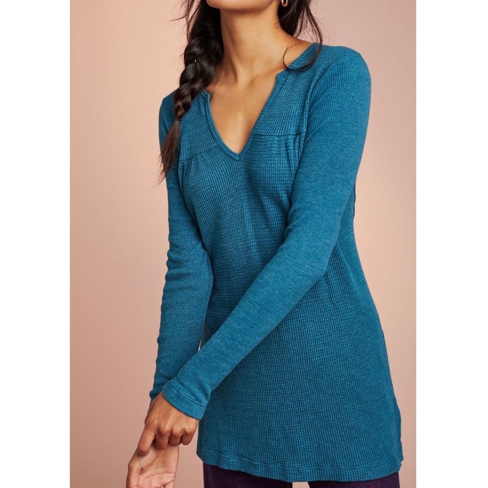 Anthropologie t.la Teal Waffle Knit Thermal Tunic Top Boho Empire Waist Small
